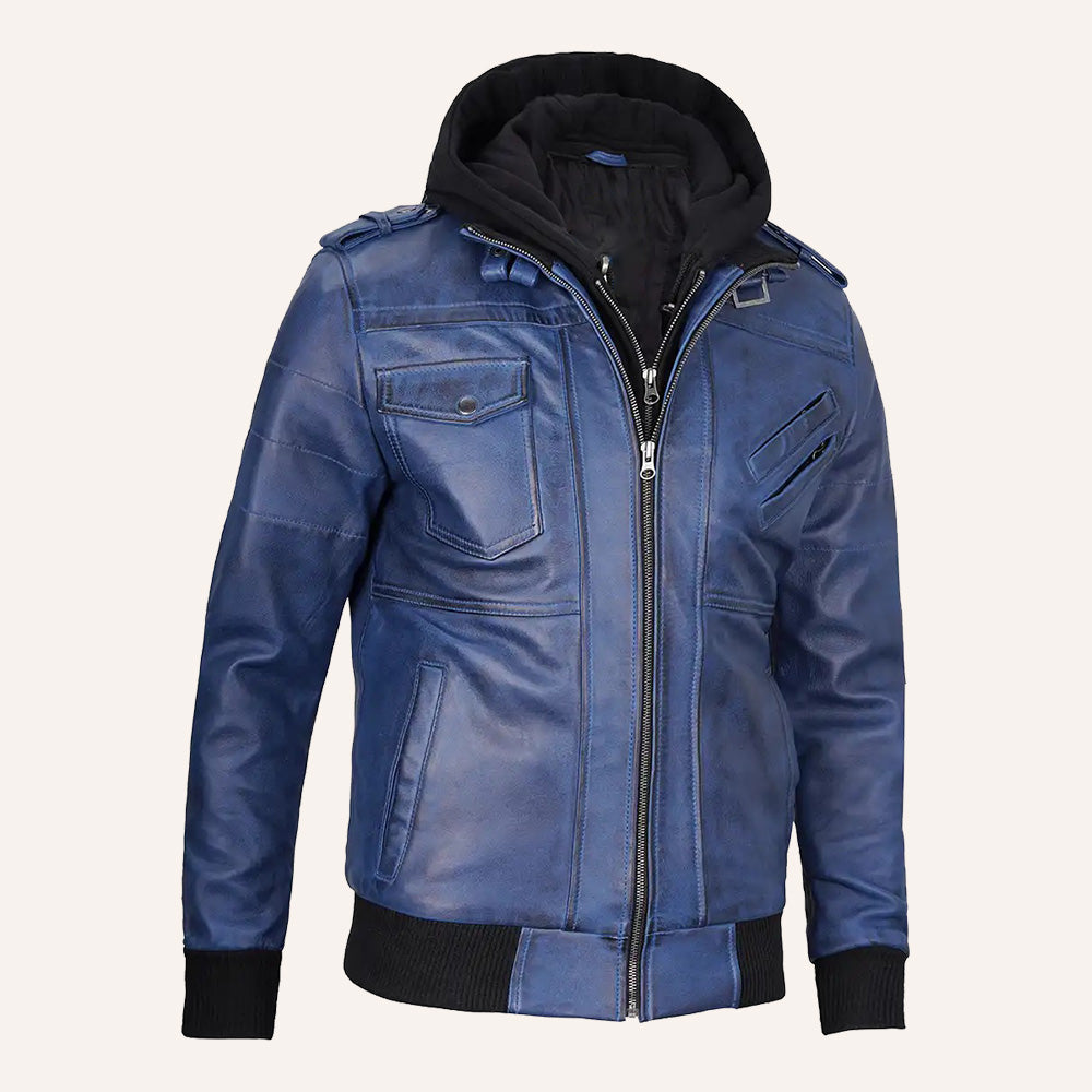 Men’s Vintage Blue Real Leather 2-in-1 Hooded Bomber Jacket with Removable Hood