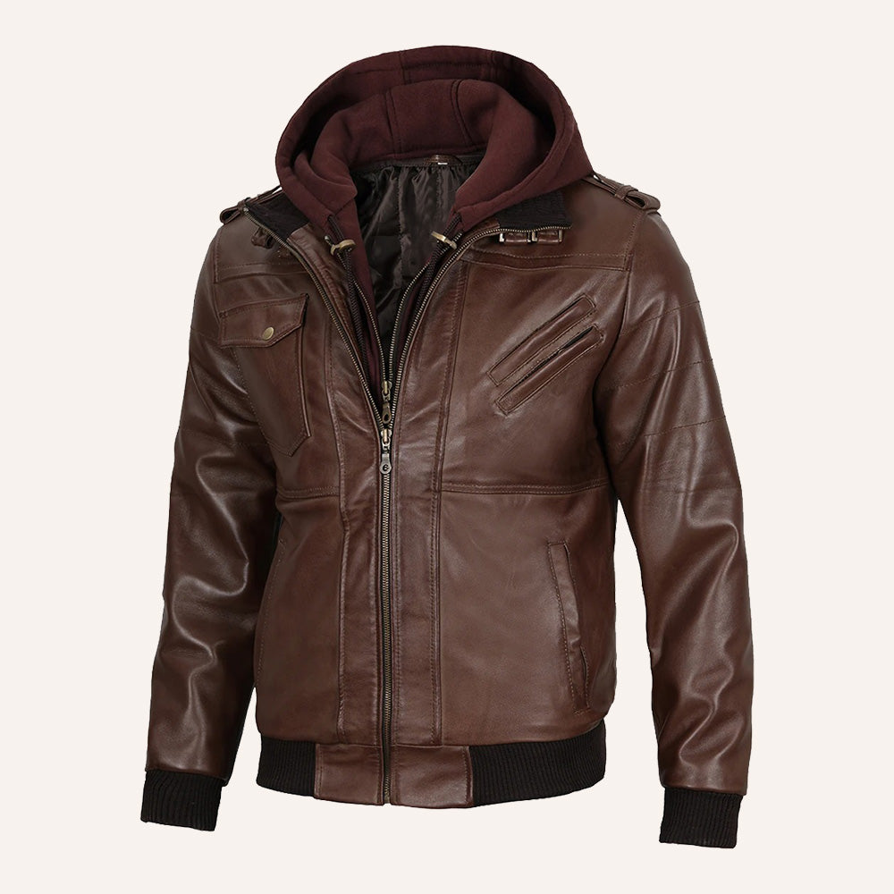 Men’s Brown Real Leather 2-in-1 Hooded Bomber Jacket with Removable Maroon Hood