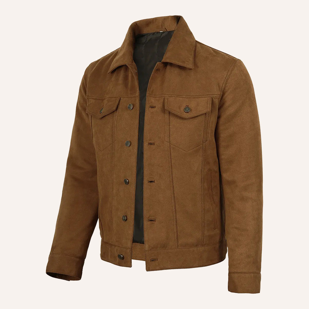 Men’s Classic Tan Brown Real Suede Trucker Jacket