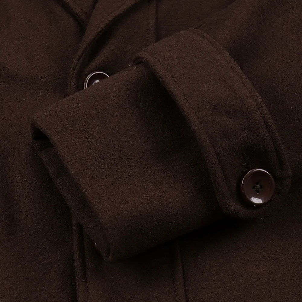 Men’s Classic Dark Brown Wool Pea Coat with Removable Hood
