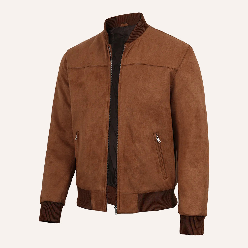 Men’s Classic Cognac Brown Real Suede Leather Bomber Jacket