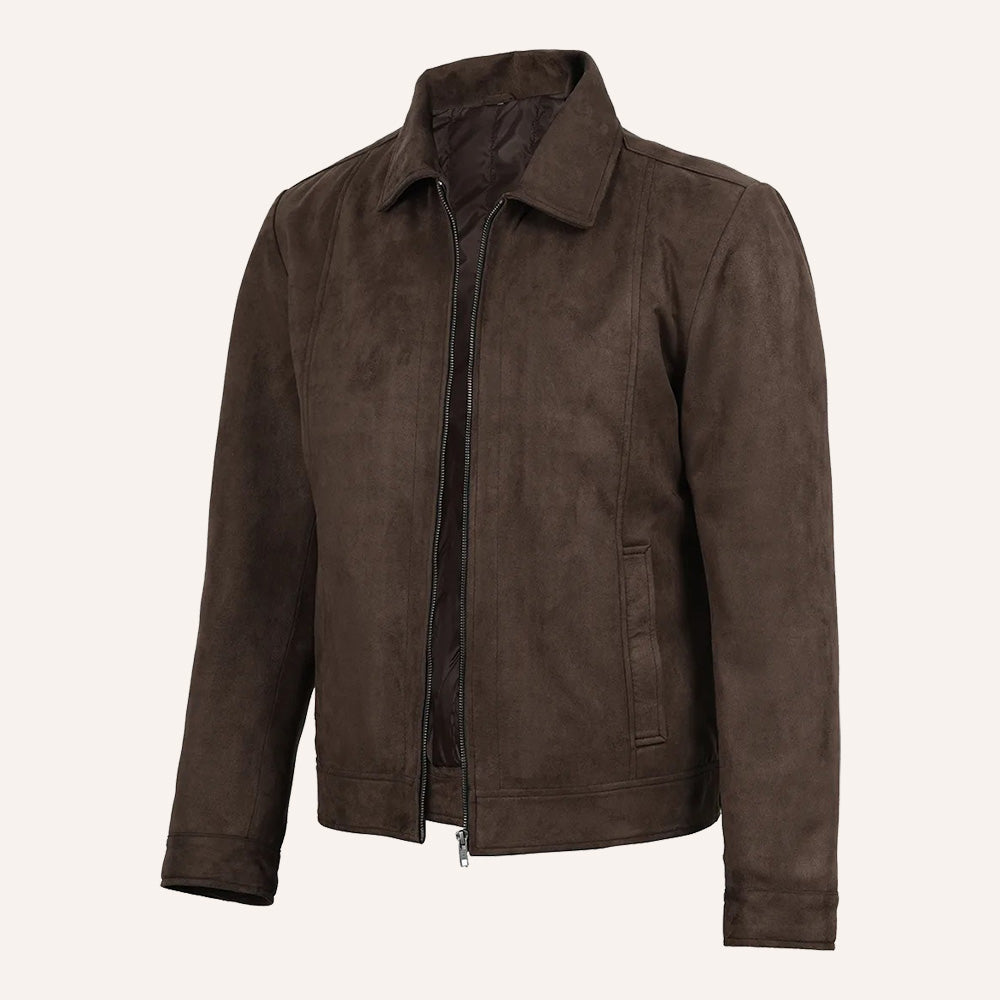 Men’s Classic Dark Brown Faux Suede Zip-Up Jacket