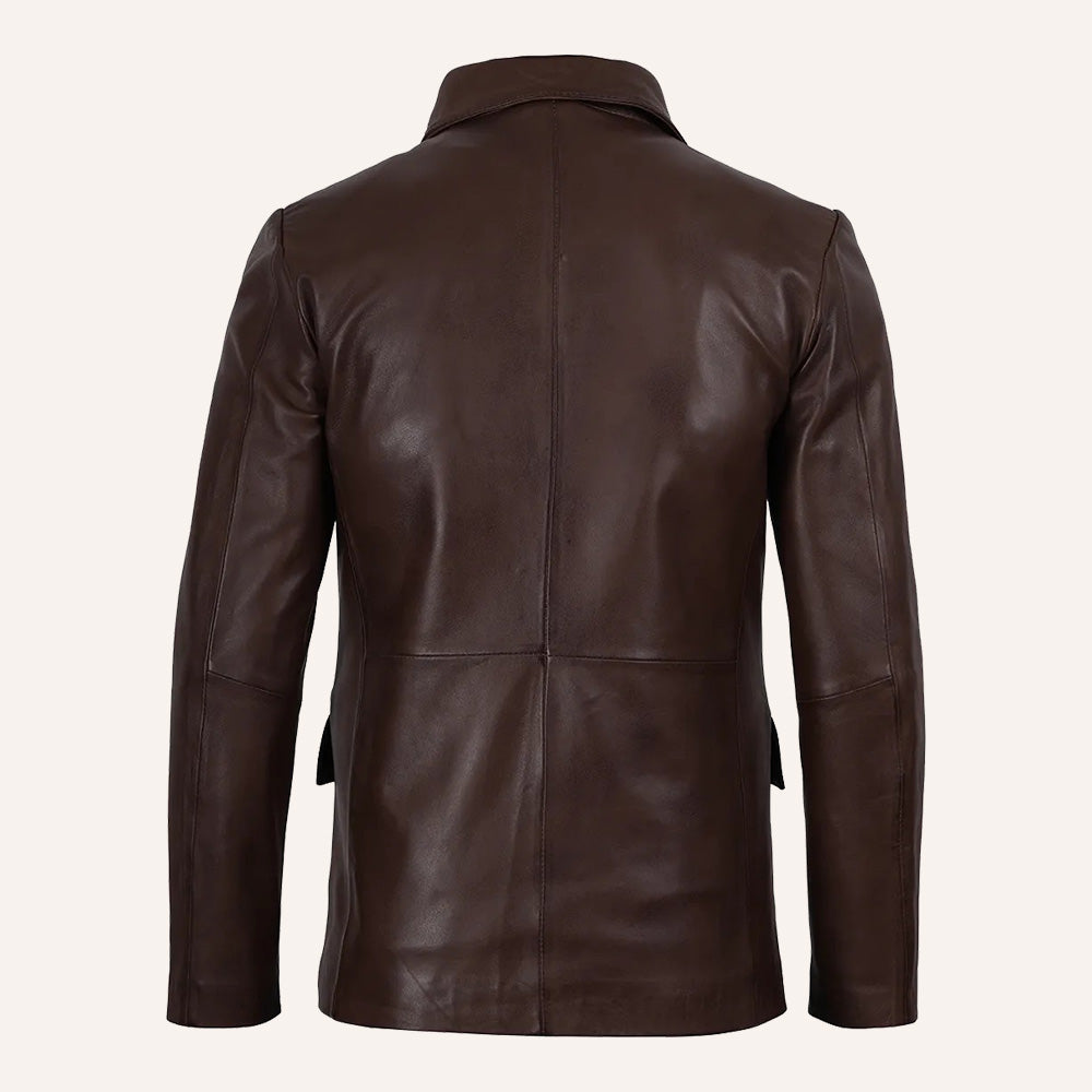 Men’s Classic Dark Brown Real Leather Two-Button Blazer Jacket