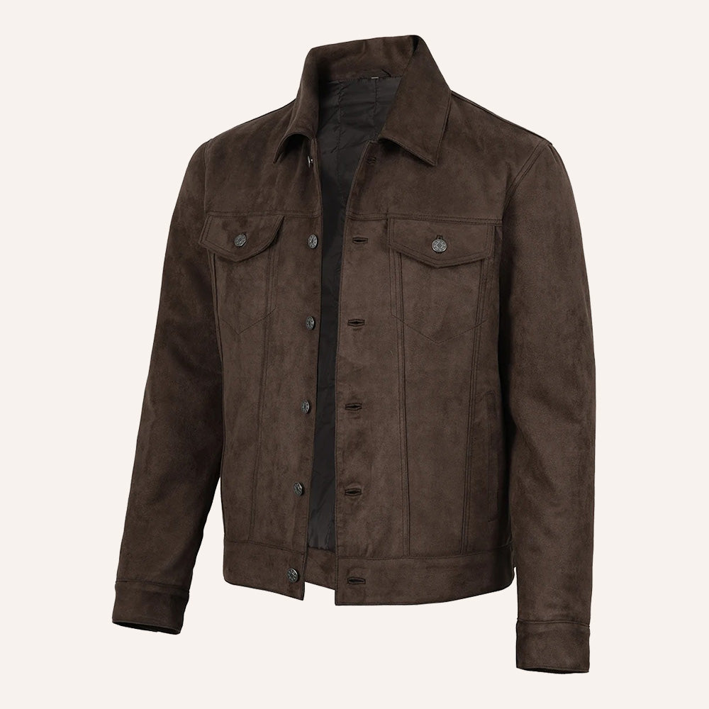 Men’s Classic Dark Brown Real Suede Trucker Jacket