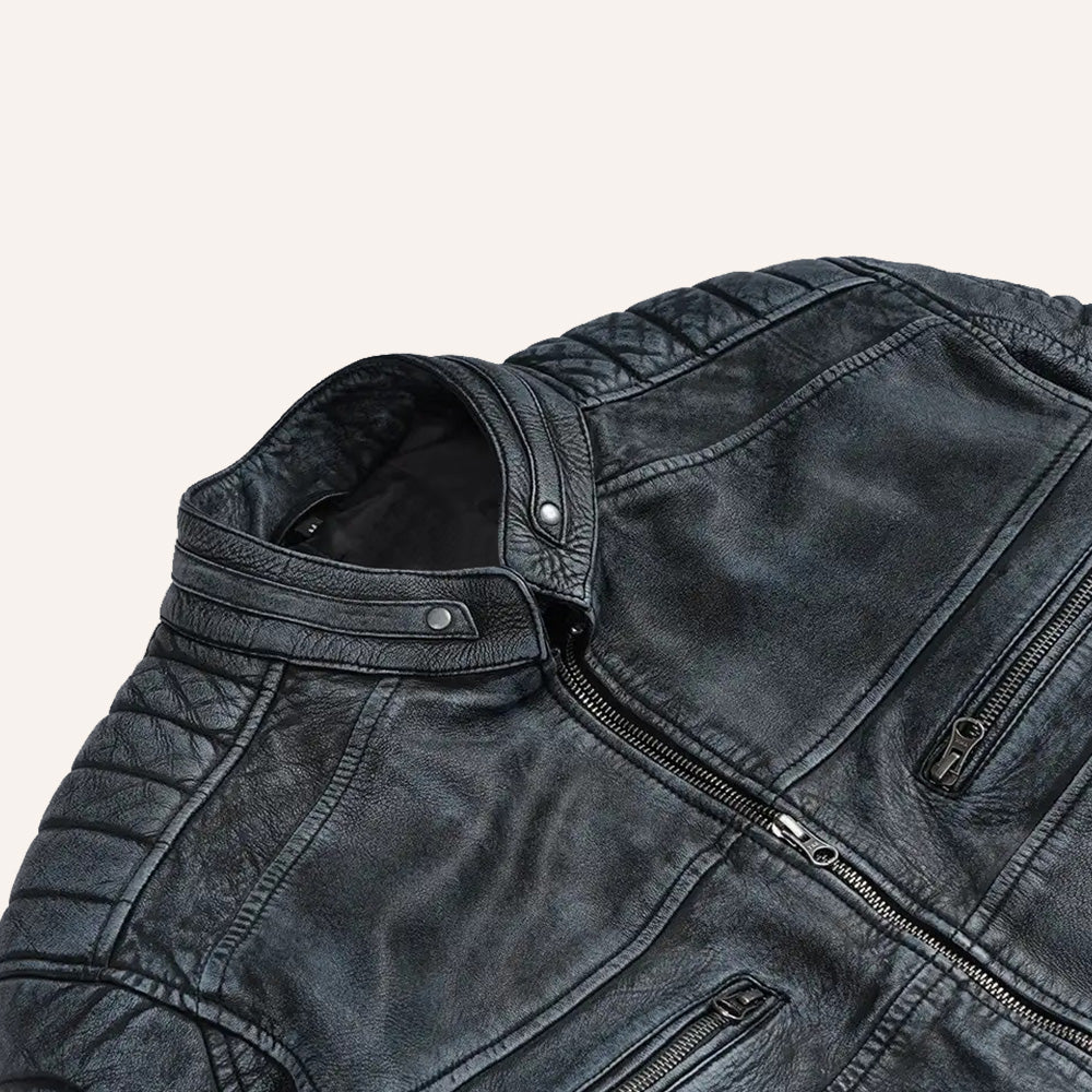 Men’s Distressed Grey Real Leather Cafe Racer Biker Jacket