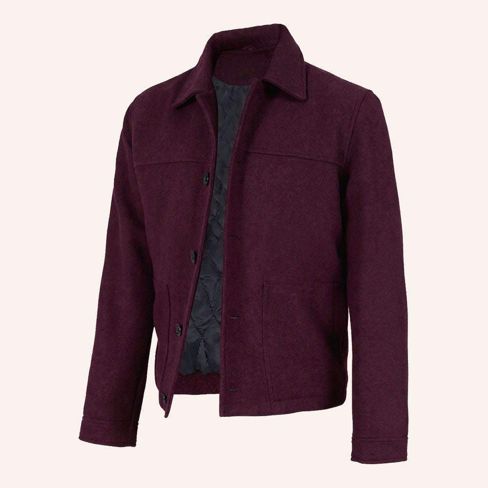 Men’s Classic Burgundy Wool Shirt Jacket with Quilted Lining