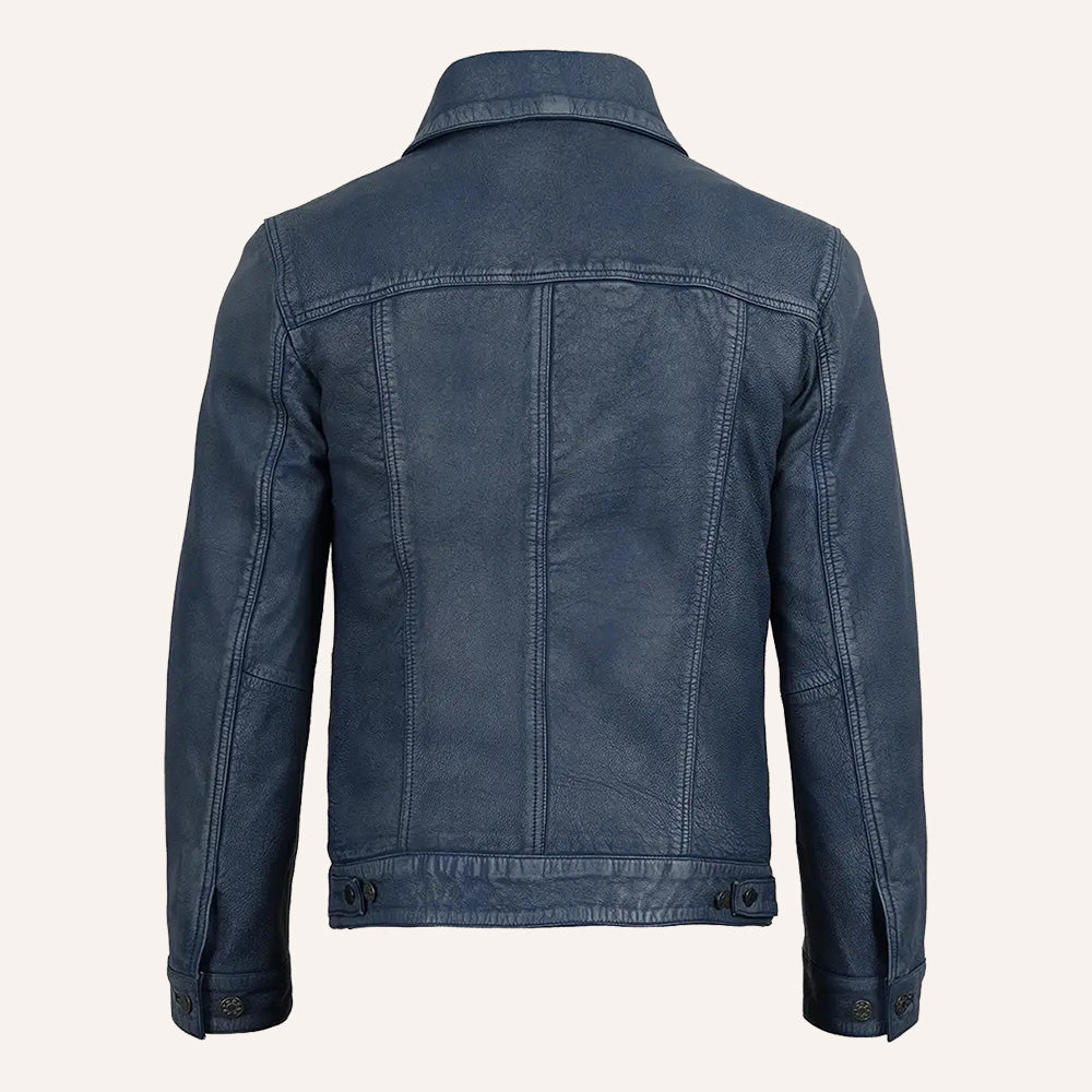 Men’s Vintage Navy Blue Real Leather Trucker Jacket