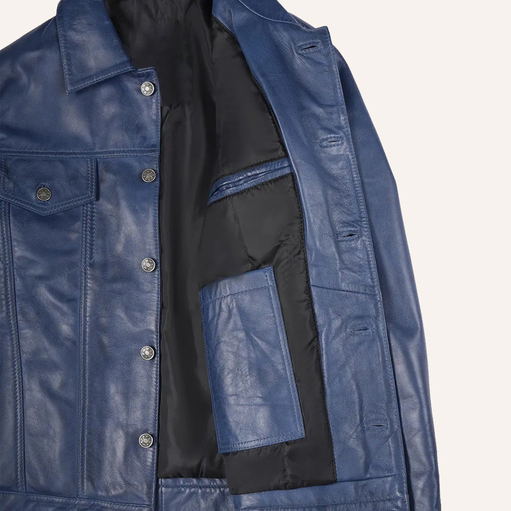 Men’s Classic Navy Blue Real Leather Trucker Jacket