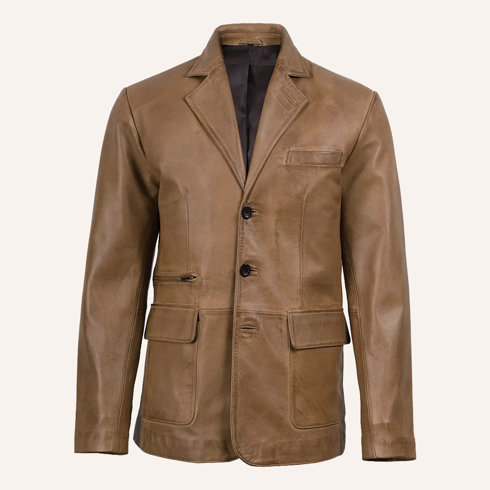 Men’s Classic Tailored Tan Brown Real Leather Blazer Jacket
