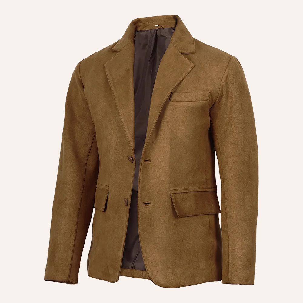 Men’s Classic Tan Real Suede Two-Button Blazer Jacket