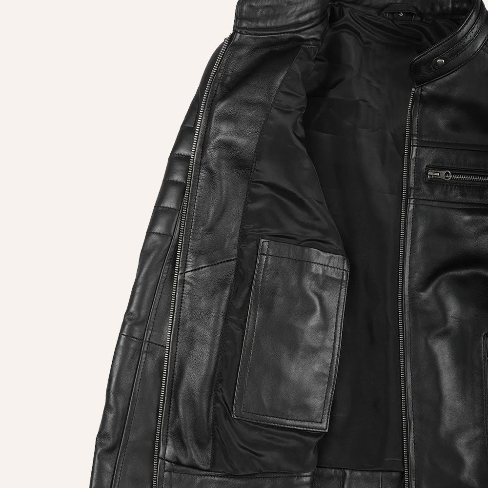 Women’s Classic Black Real Leather Racer Biker Jacket with Perforated Paneling