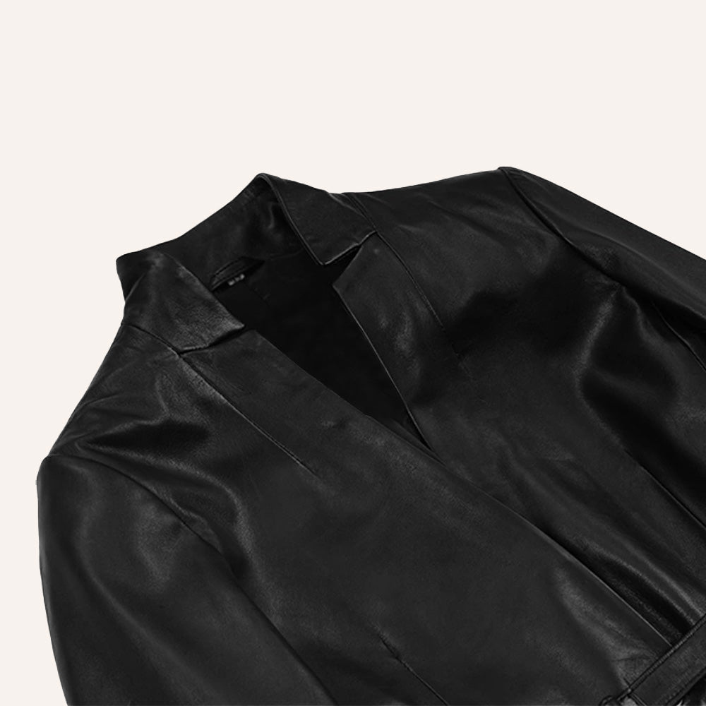 Women’s Classic Tailored Black Real Leather Belted Blazer Jacket