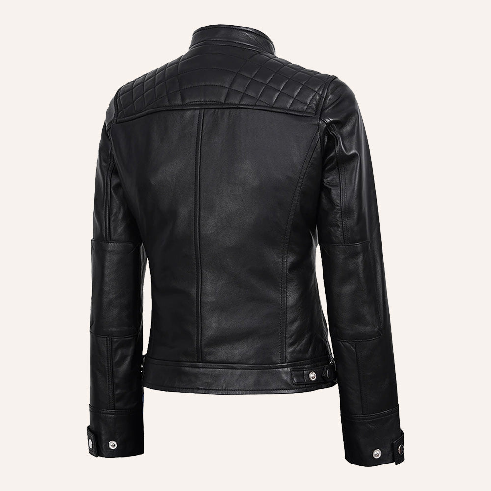 Women’s Classic Black Quilted Real Leather Cafe Racer Biker Jacket