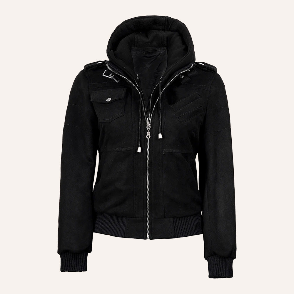 Women’s Black Suede 2-in-1 Hooded Bomber Jacket with Removable Hood