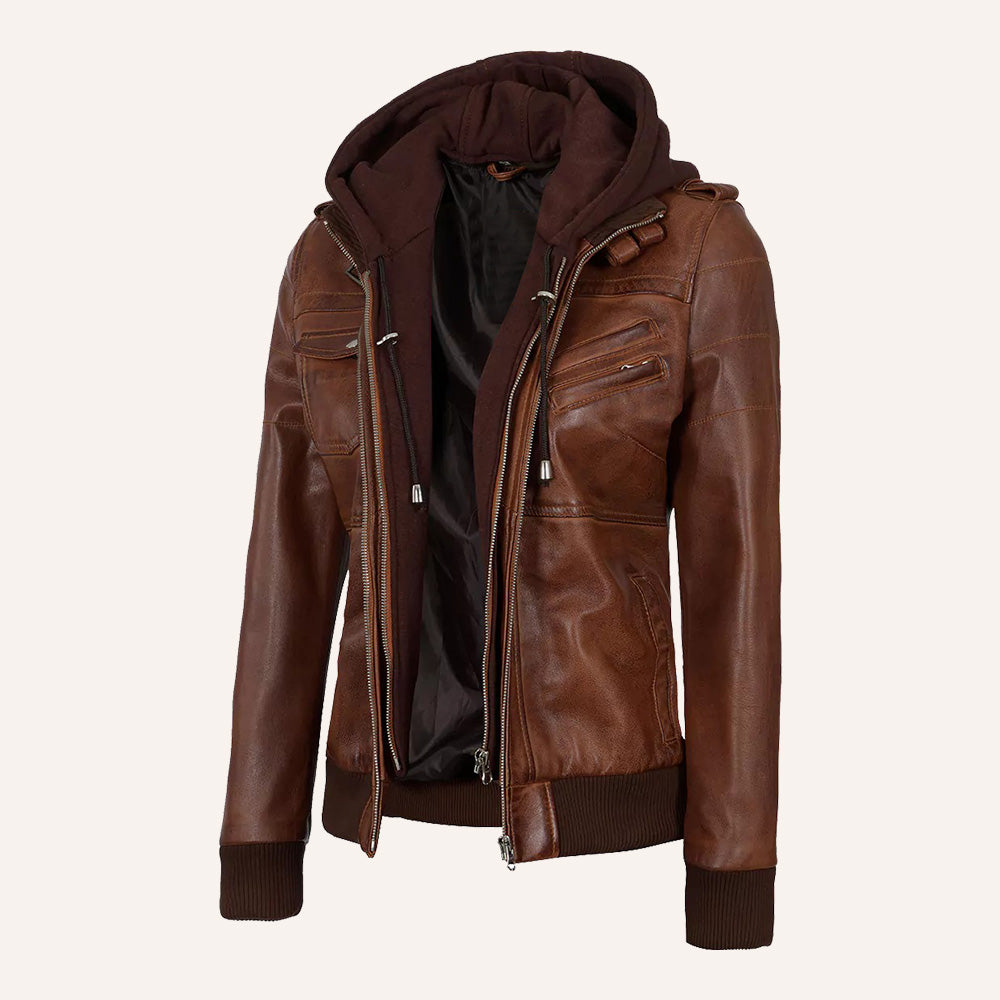 Women’s Classic Cognac Brown Real Leather 2-in-1 Hooded Bomber Jacket with Removable Hood