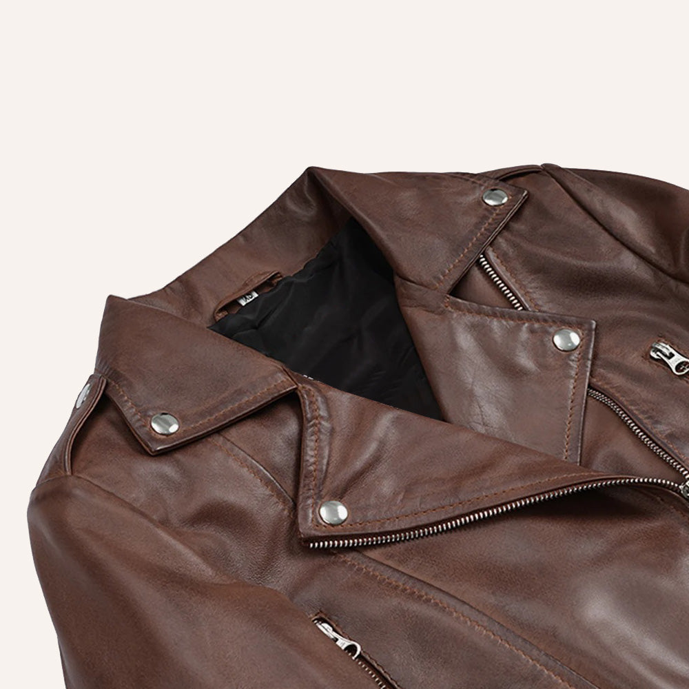 Women’s Classic Dark Brown Cropped Real Leather Biker Jacket