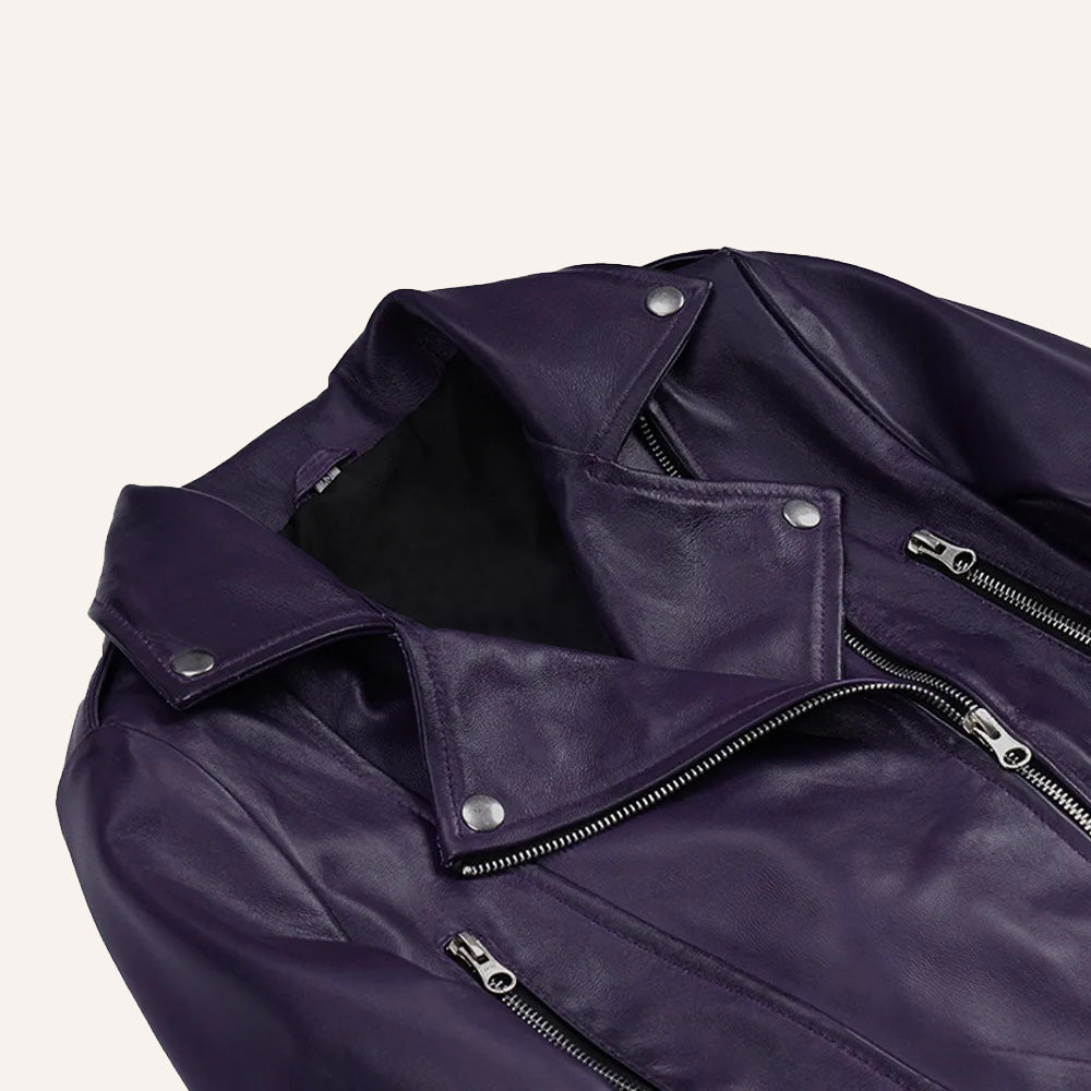 Women’s Classic Deep Purple Cropped Real Leather Biker Jacket