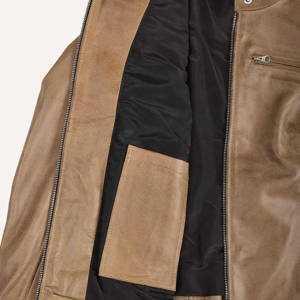 Women’s Classic Distressed Beige Real Leather Cafe Racer Biker Jacket
