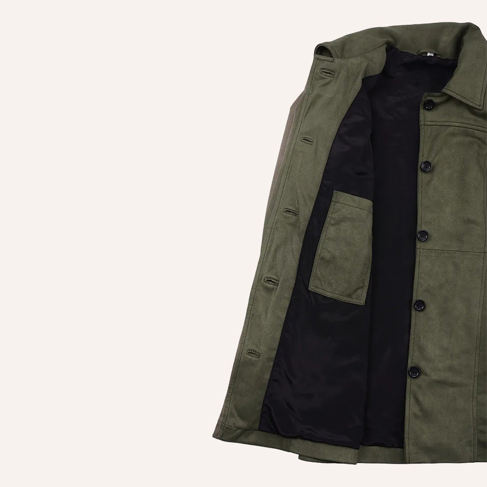 Women’s Classic Olive Green Suede Leather Mid-Length Trench Coat