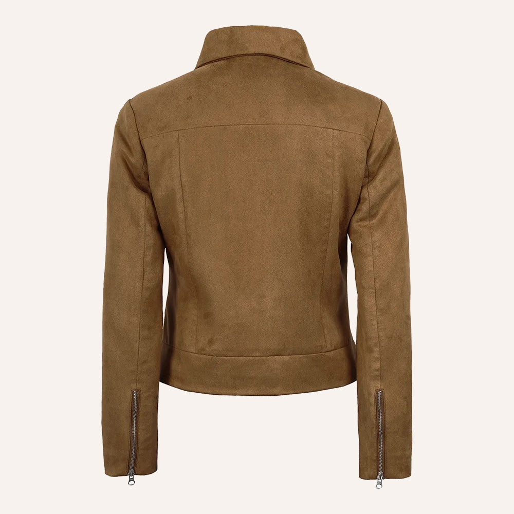 Women’s Classic Tan Brown Suede Zip Jacket with Zipper Cuffs