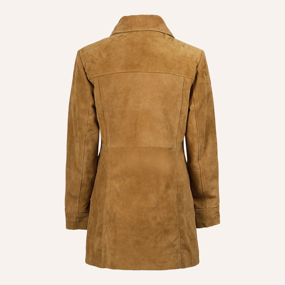 Women’s Vintage Tan Brown Suede Mid-Length Leather Coat
