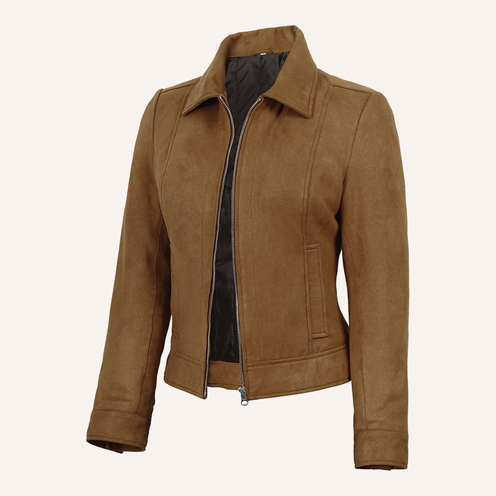 Women’s Classic Tan Real Suede Zip-Up Jacket with Snap Waist Tabs