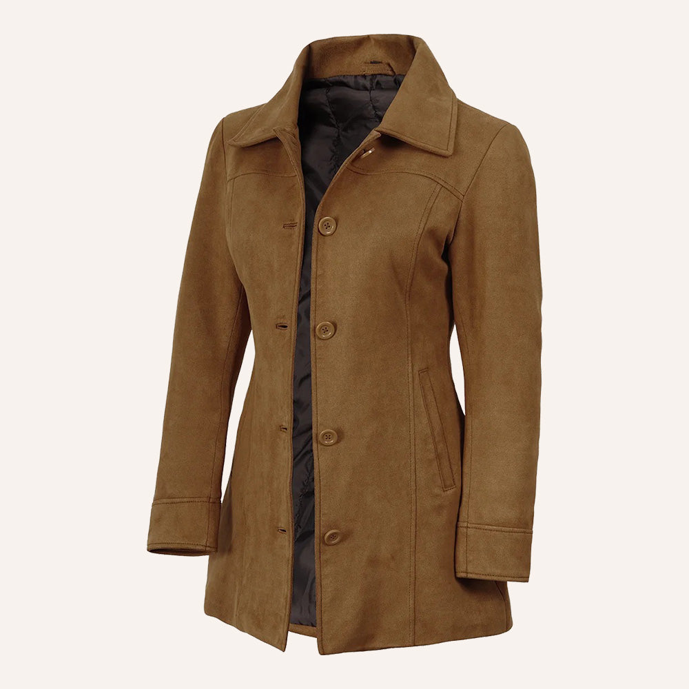 Women’s Classic Tobacco Brown Suede Leather Mid-Length Trench Coat