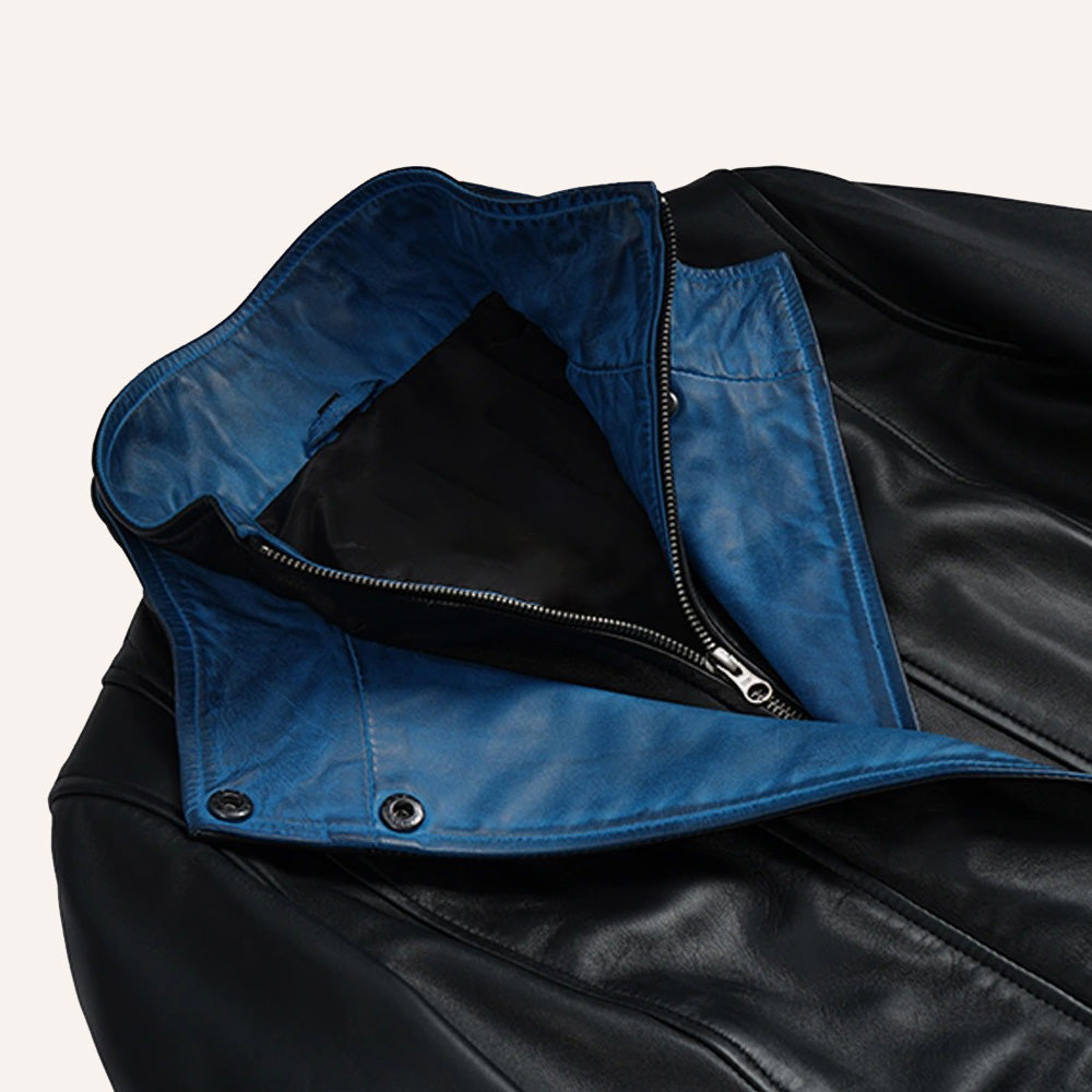 Women’s Classic Two-Tone Black and Royal Blue Real Leather Mid-Length Coat