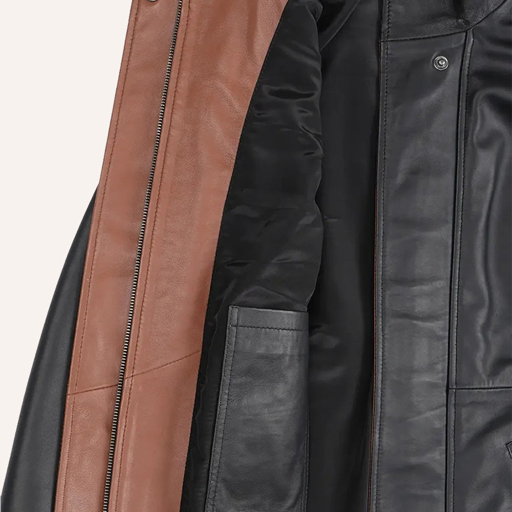 Women’s Classic Two-Tone Black and Tan Brown Real Leather Mid-Length Coat