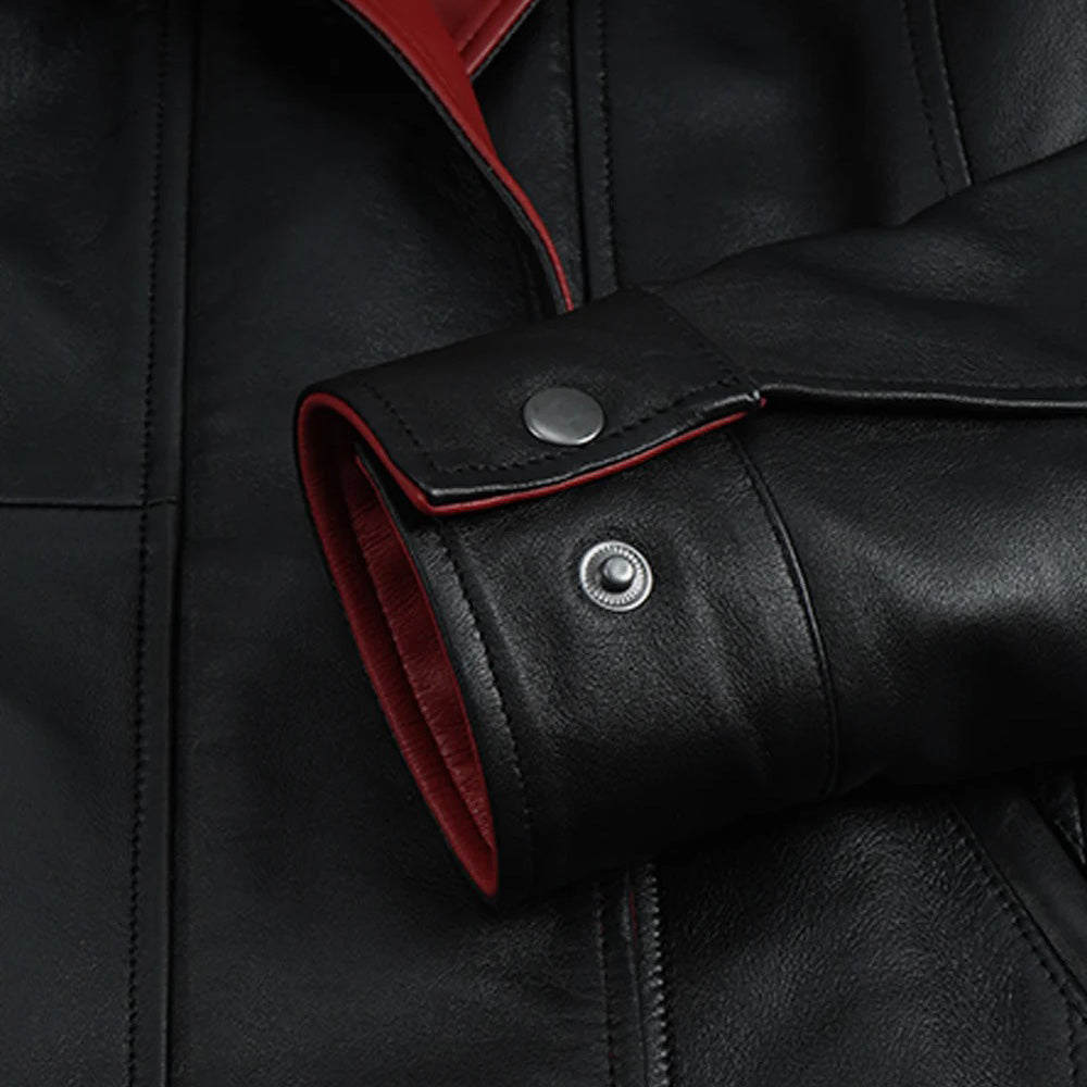 Women’s Classic Two-Tone Black and Crimson Red Real Leather Mid-Length Coat