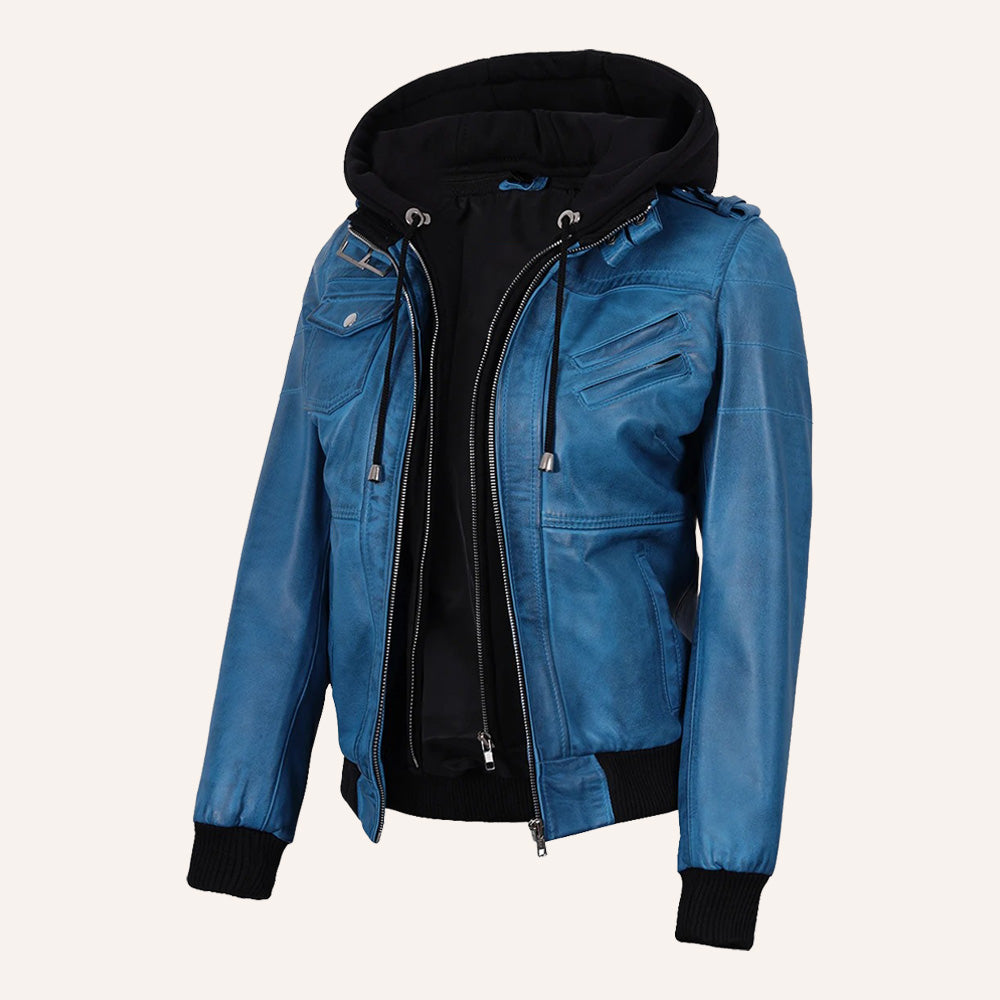 Women’s Classic Vibrant Blue Real Leather 2-in-1 Hooded Bomber Jacket with Removable Hood