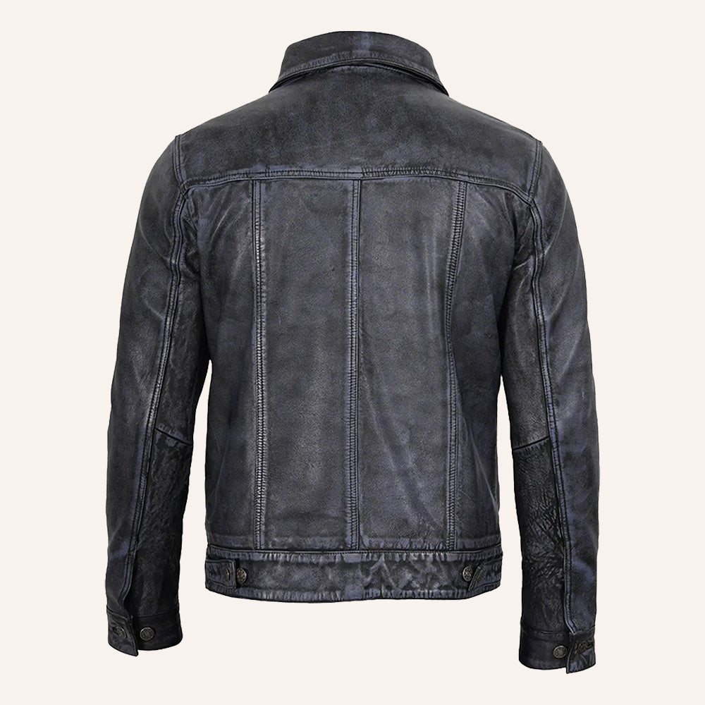 Men's gray leather jacket worn, side view