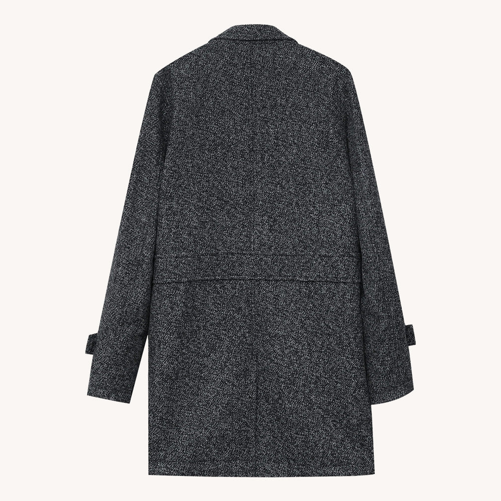 Men's Gray Tweed Overcoat with Notch Lapel and Tab Cuffs
