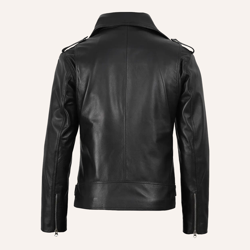 Men's Black Leather Biker Jacket with Belted Waist
