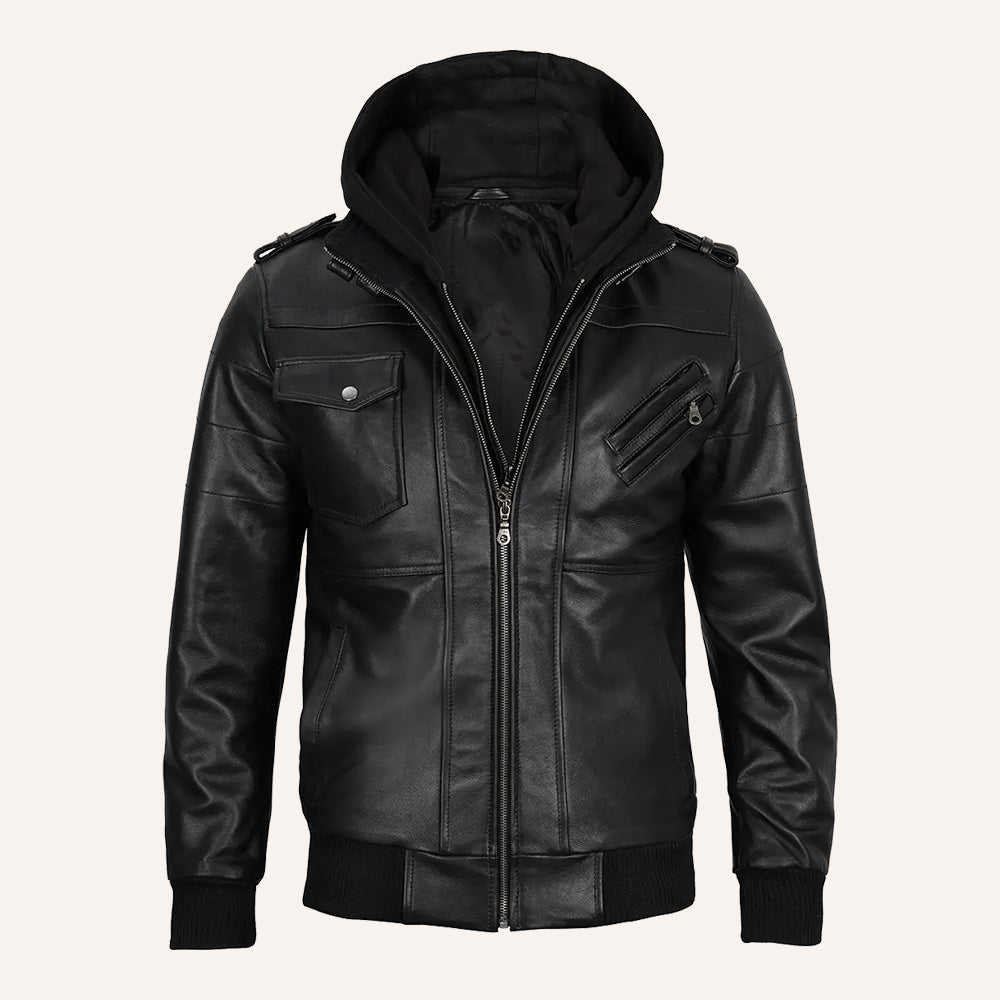 Men's Black Leather Jacket with Detachable Hood