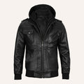 Men's Black Leather Jacket with Detachable Hood