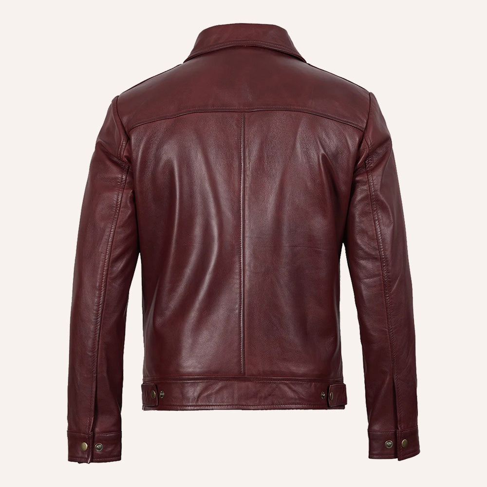 Men's Burgundy Leather Jacket with Front Zip Closure