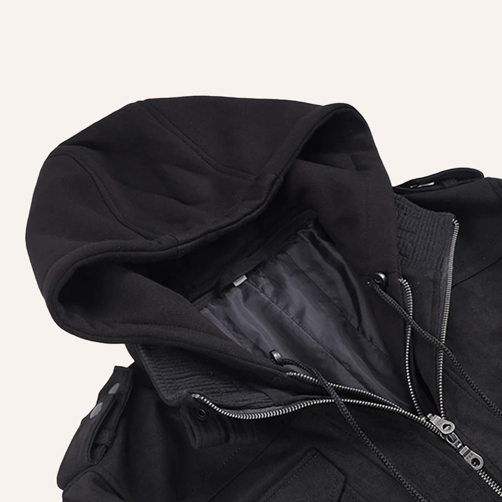 Men’s Classic Black Real Suede 2-in-1 Hooded Bomber Jacket with Removable Hood