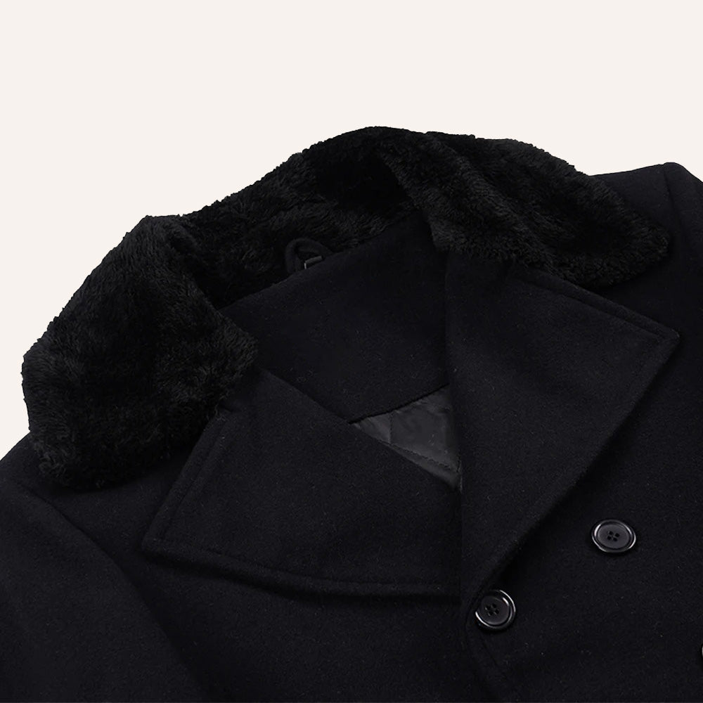Men’s Classic Black Long Wool Greatcoat with Faux Fur Collar