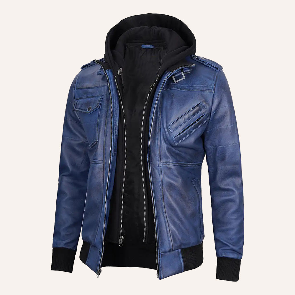 Men’s Vintage Blue Real Leather 2-in-1 Hooded Bomber Jacket with Removable Hood