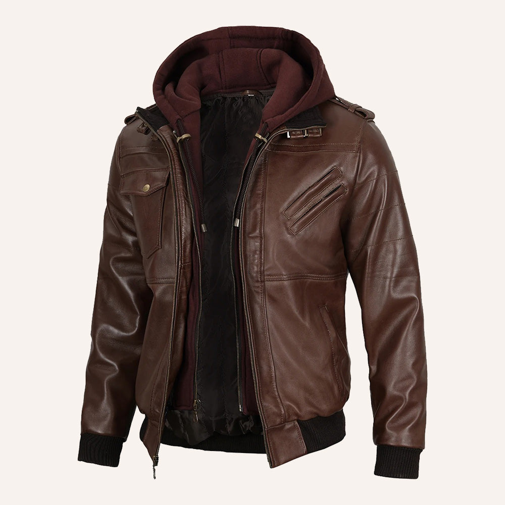 Men’s Brown Real Leather 2-in-1 Hooded Bomber Jacket with Removable Maroon Hood