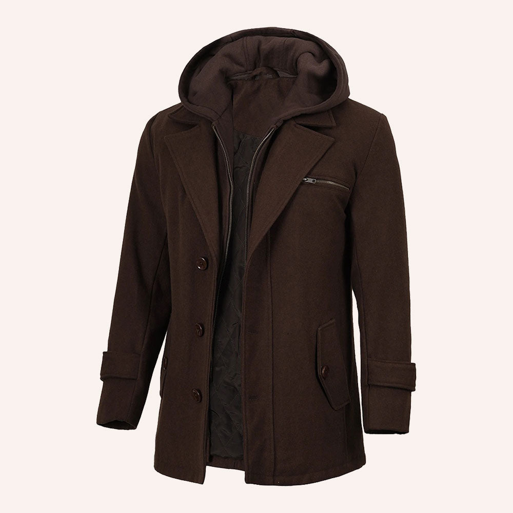 Men’s Classic Dark Brown Wool Pea Coat with Removable Hood