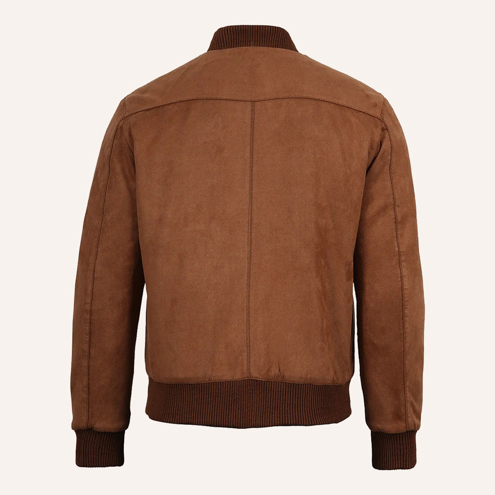 Men’s Classic Cognac Brown Real Suede Leather Bomber Jacket