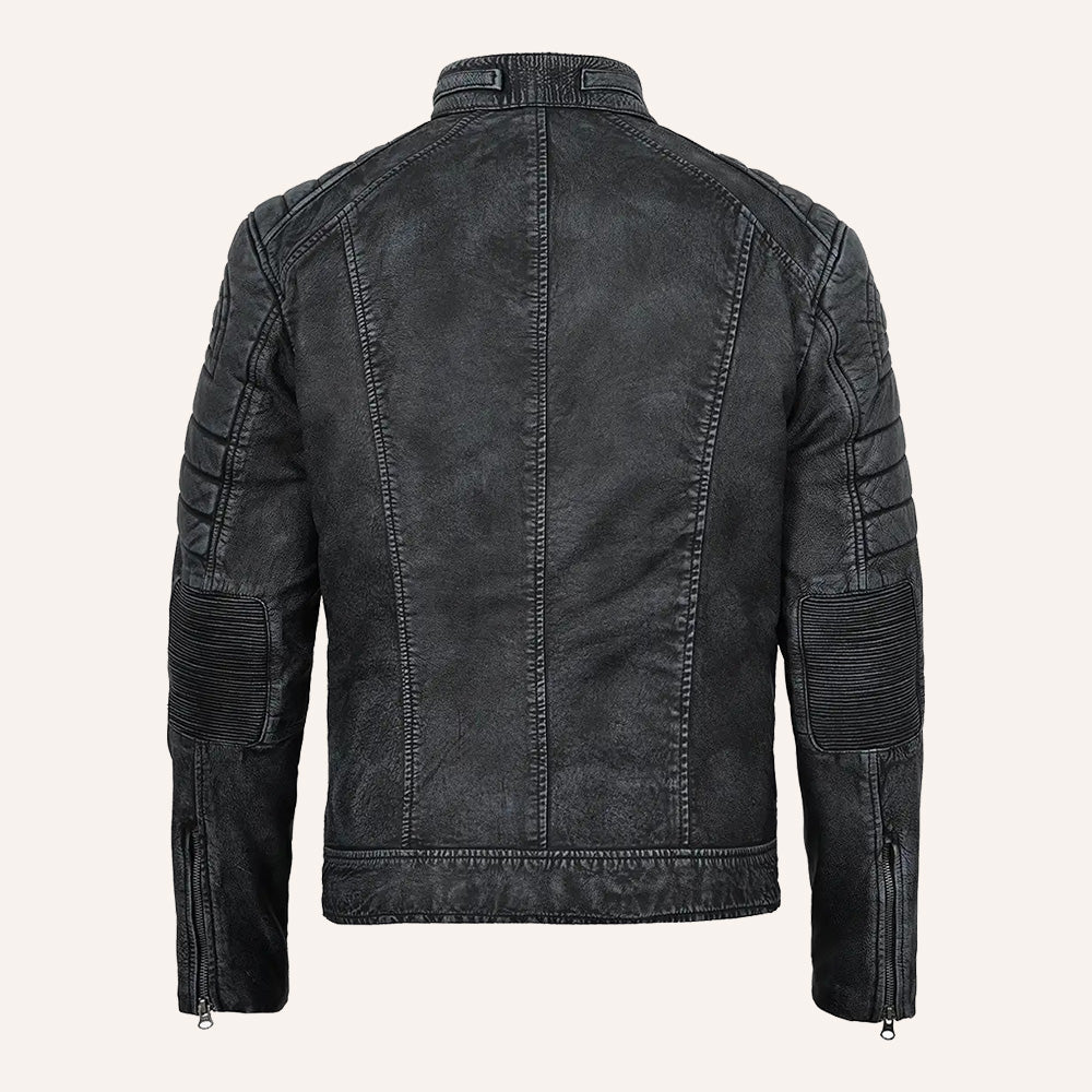 Men’s Distressed Grey Real Leather Cafe Racer Biker Jacket