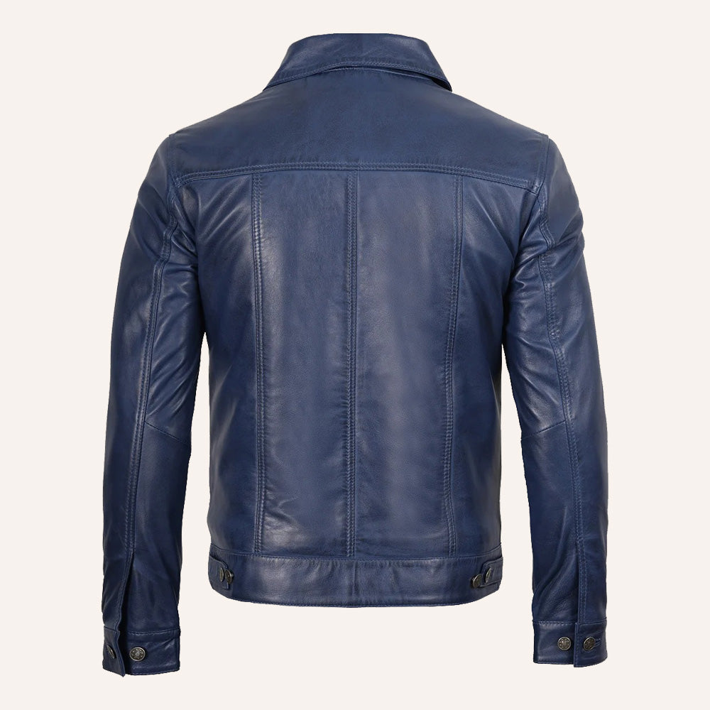 Men’s Classic Navy Blue Real Leather Trucker Jacket