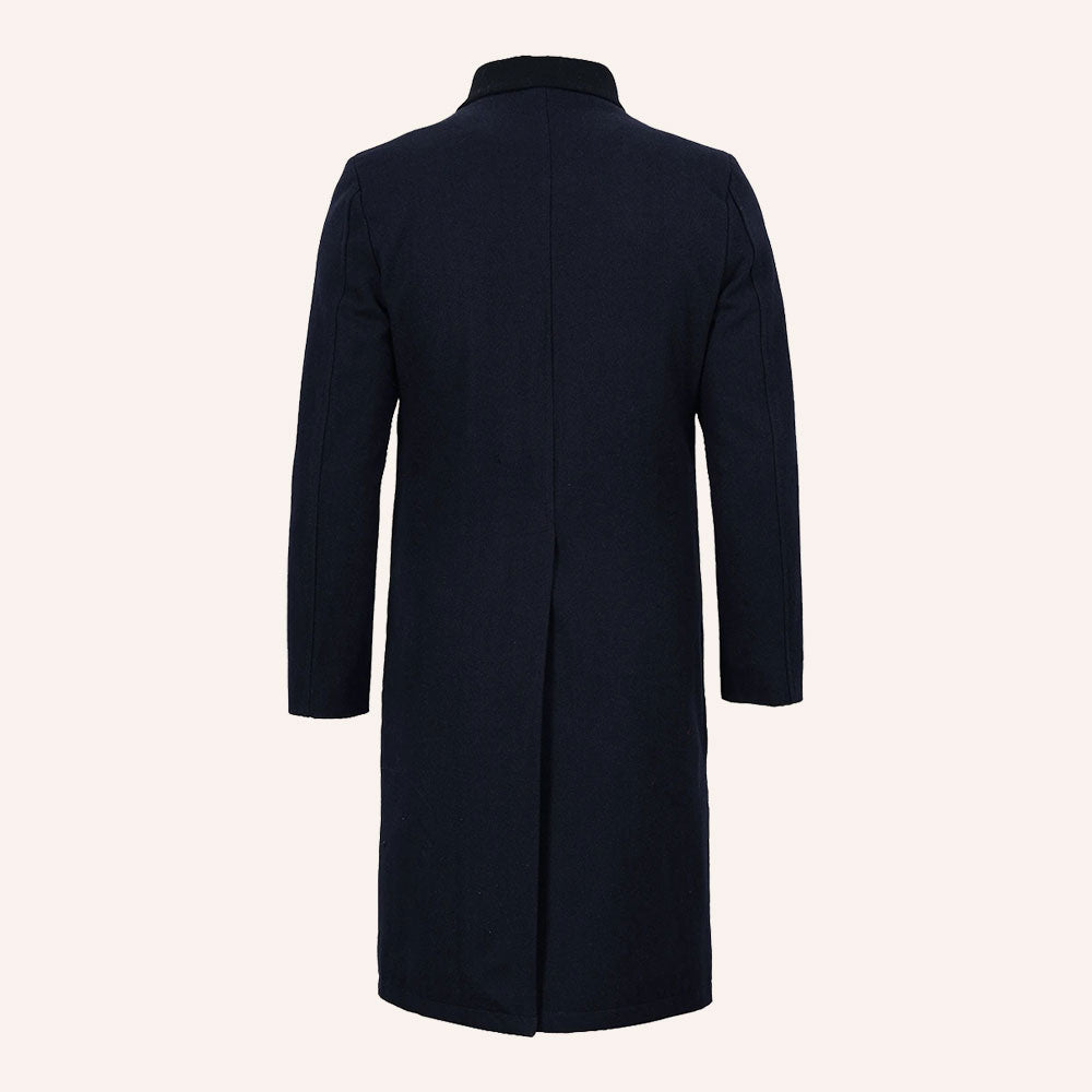 Men’s Classic Navy Blue Wool Overcoat with Velvet Collar