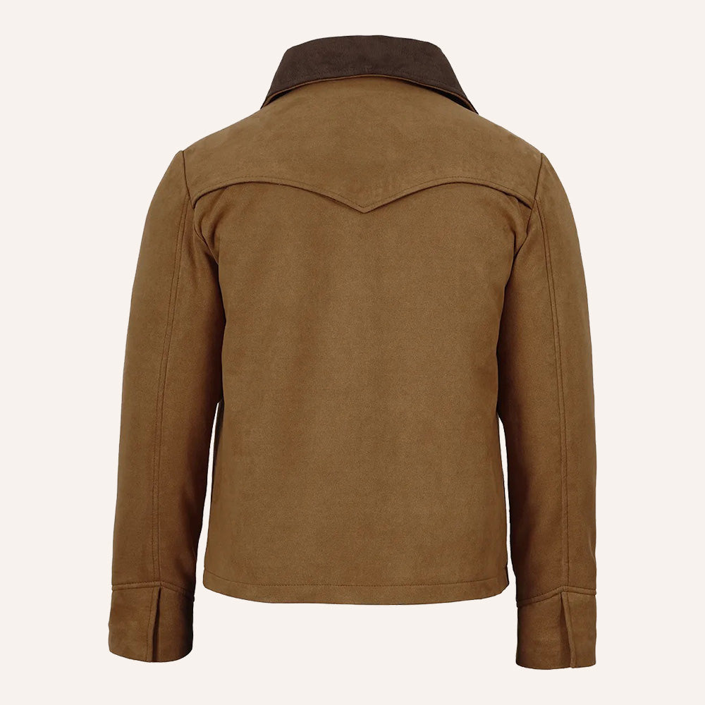 Men’s Classic Tan Real Suede Western Jacket with Corduroy Collar