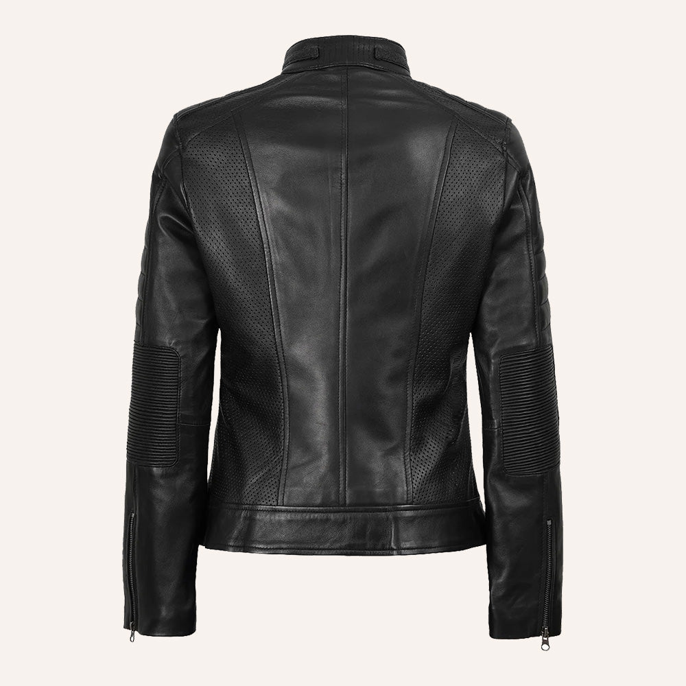 Women’s Classic Black Real Leather Racer Biker Jacket with Perforated Paneling