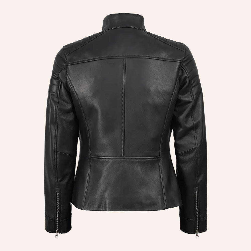 Women’s Classic Black Real Leather Cafe Racer Biker Jacket