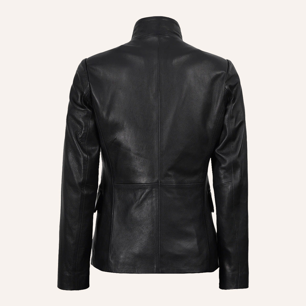 Women’s Classic Tailored Black Real Leather Belted Blazer Jacket